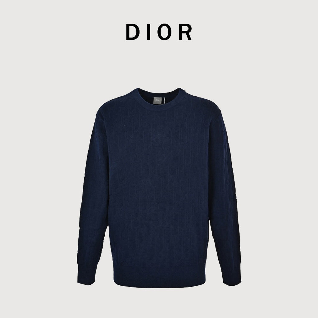Dior CD Two-Tone Tonal Jacquard All-Over Pattern Crew Neck Sweater — Navy