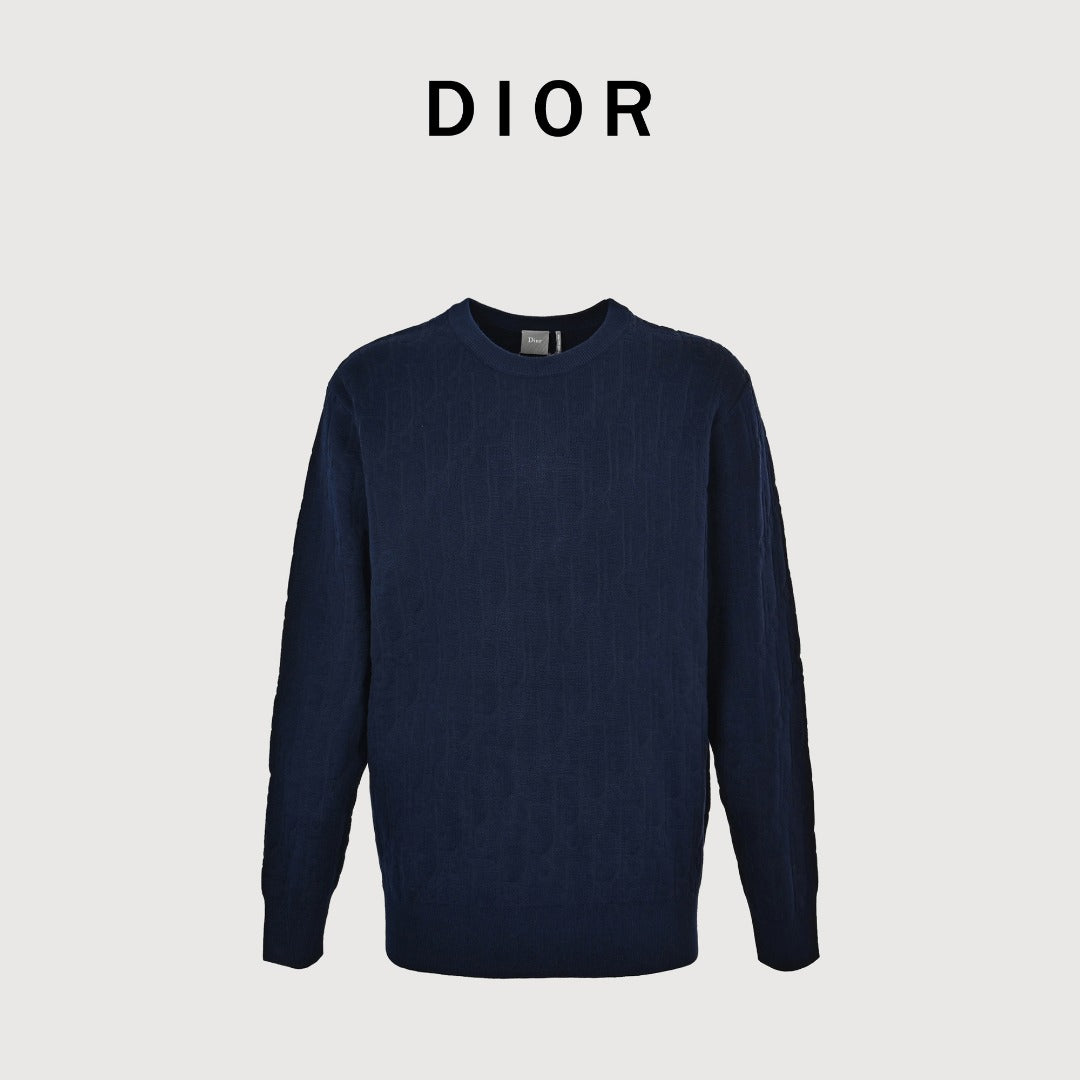 Dior CD Two-Tone Tonal Jacquard All-Over Pattern Crew Neck Sweater — Navy