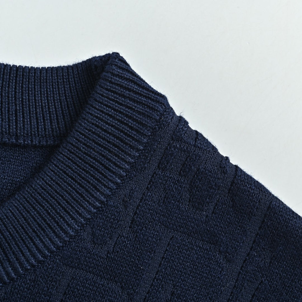 Dior CD Two-Tone Tonal Jacquard All-Over Pattern Crew Neck Sweater — Navy