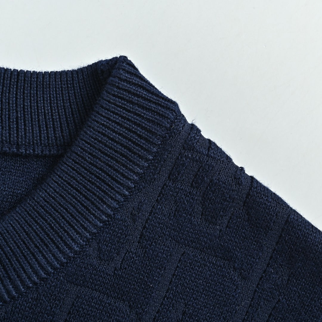 Dior CD Two-Tone Tonal Jacquard All-Over Pattern Crew Neck Sweater — Navy