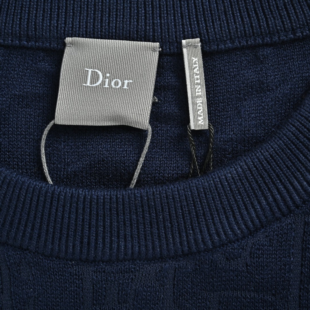 Dior CD Two-Tone Tonal Jacquard All-Over Pattern Crew Neck Sweater — Navy