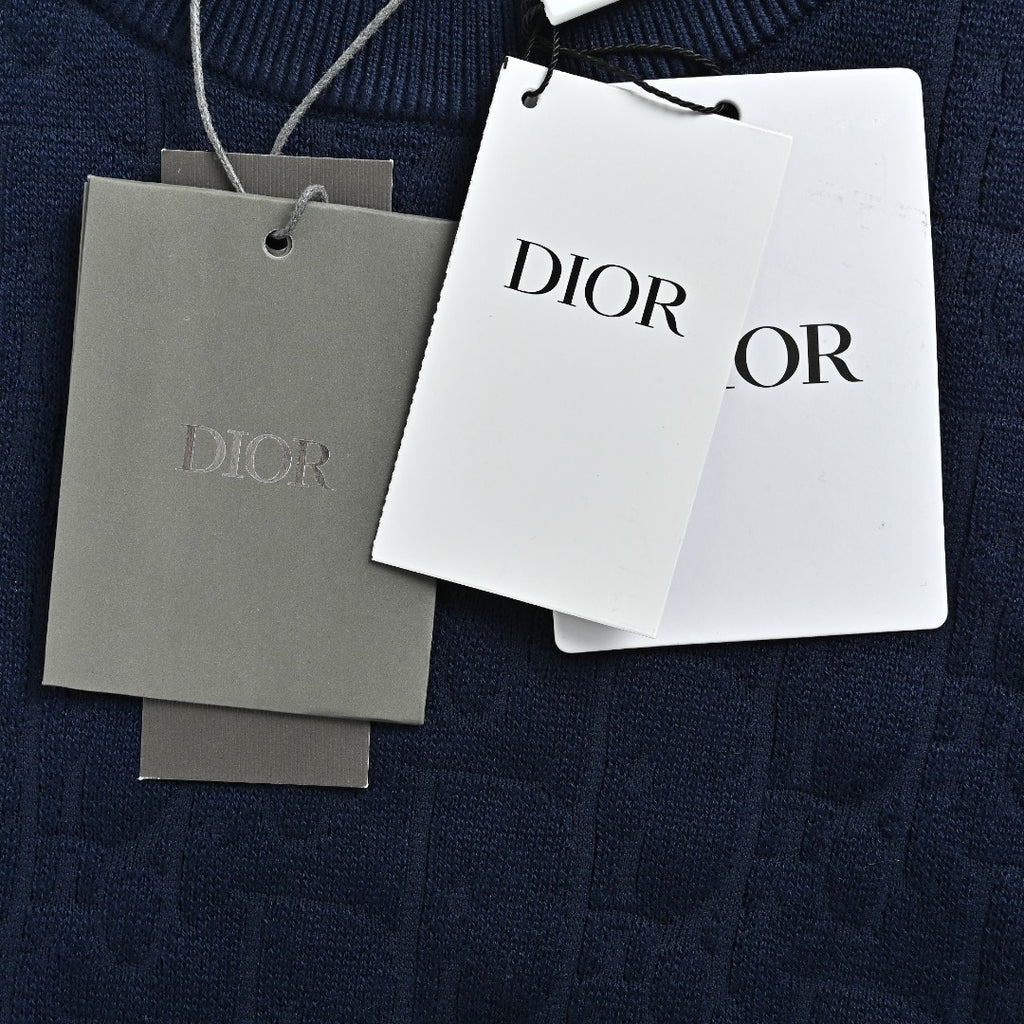 Dior CD Two-Tone Tonal Jacquard All-Over Pattern Crew Neck Sweater — Navy