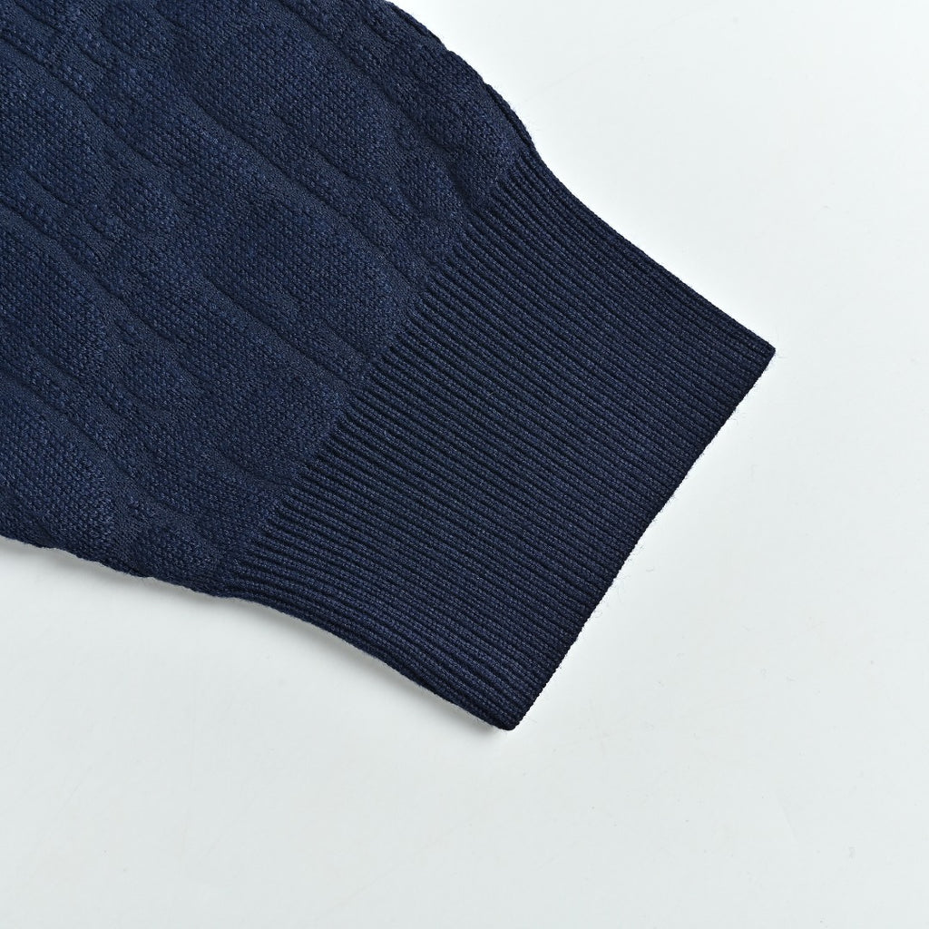 Dior CD Two-Tone Tonal Jacquard All-Over Pattern Crew Neck Sweater — Navy