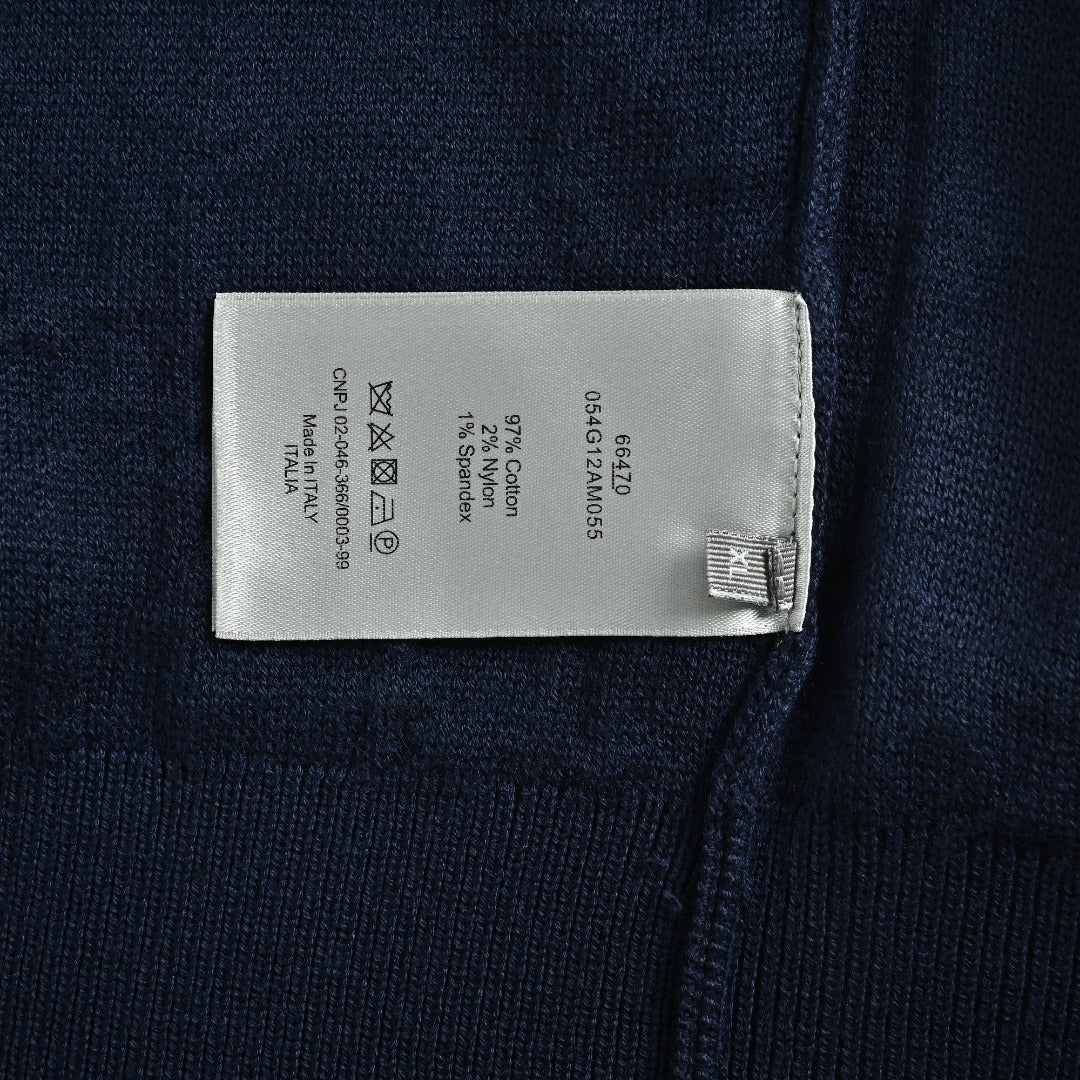 Dior CD Two-Tone Tonal Jacquard All-Over Pattern Crew Neck Sweater — Navy