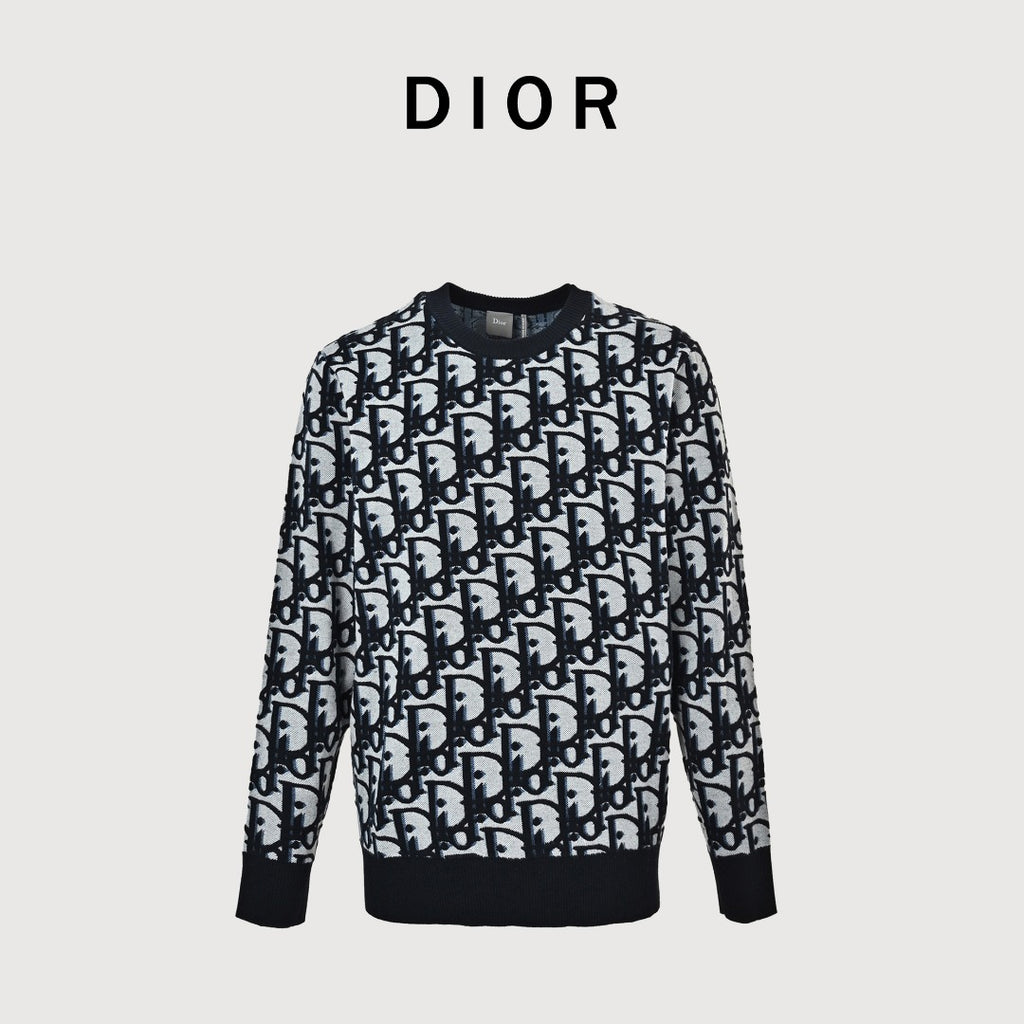 Dior CD Two-Tone All-Over Oblique Jacquard Cotton-Wool Blend Knit Sweater — Black