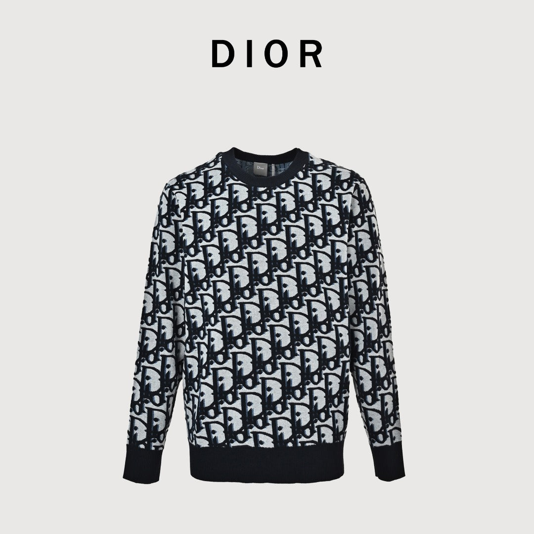 Dior CD Two-Tone All-Over Oblique Jacquard Cotton-Wool Blend Knit Sweater — Black