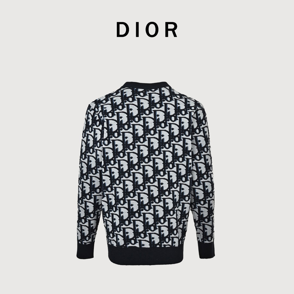 Dior CD Two-Tone All-Over Oblique Jacquard Cotton-Wool Blend Knit Sweater — Black