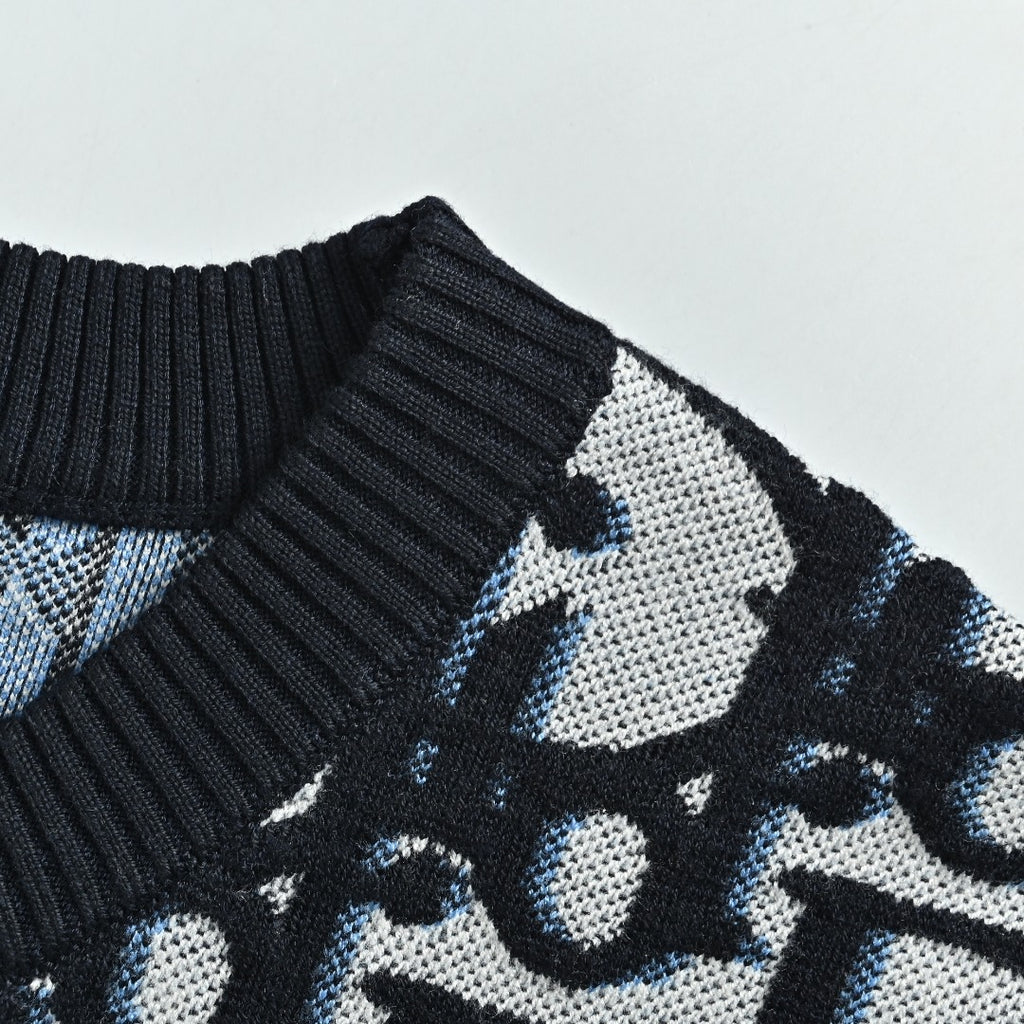 Dior CD Two-Tone All-Over Oblique Jacquard Cotton-Wool Blend Knit Sweater — Black