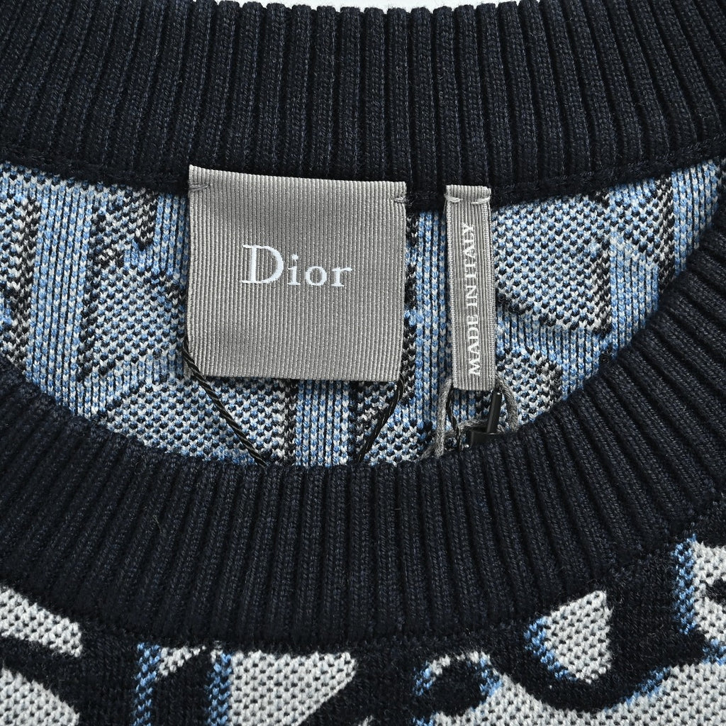 Dior CD Two-Tone All-Over Oblique Jacquard Cotton-Wool Blend Knit Sweater — Black