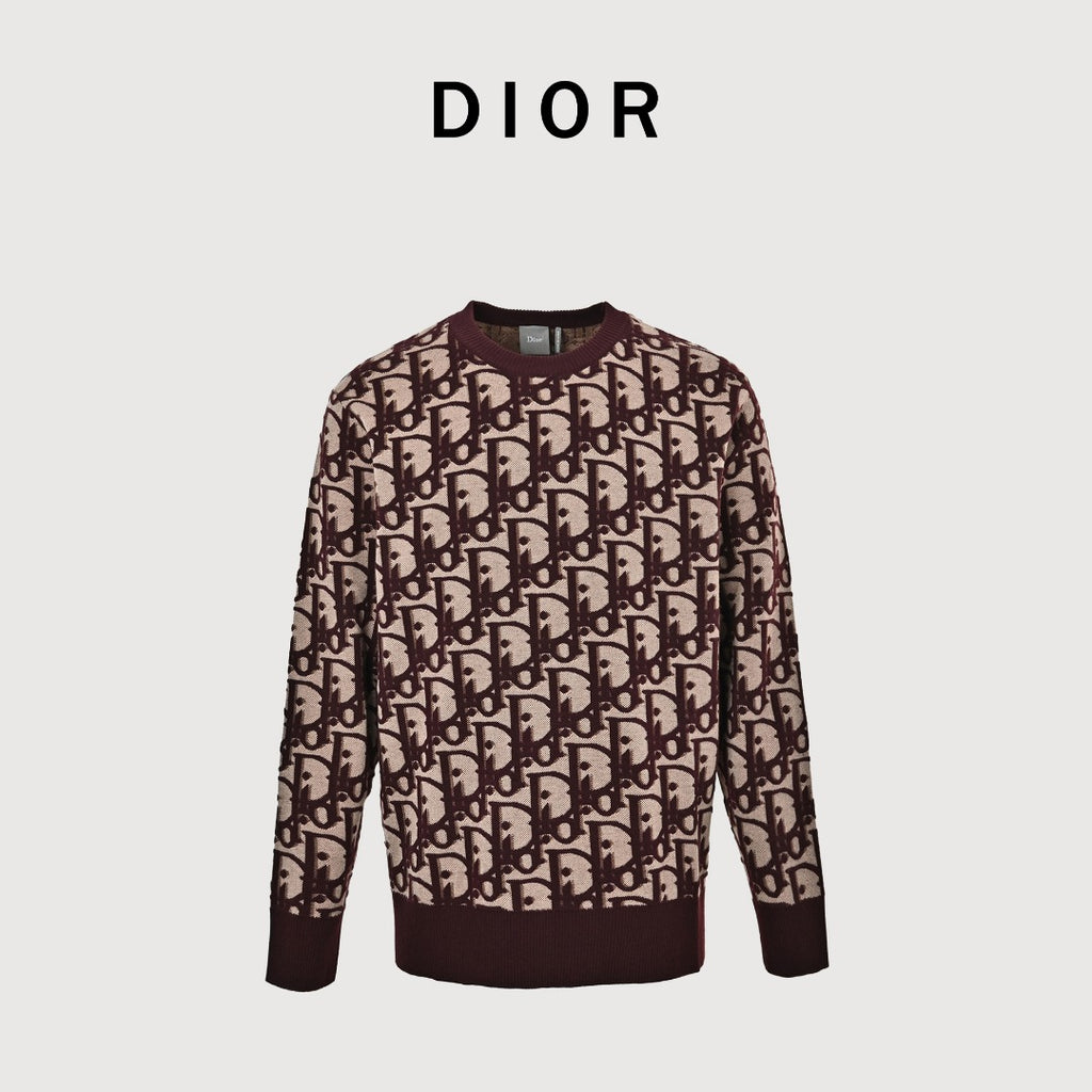 Dior CD Two-Tone All-Over Oblique Jacquard Cotton-Wool Blend Knit Sweater — Burgundy
