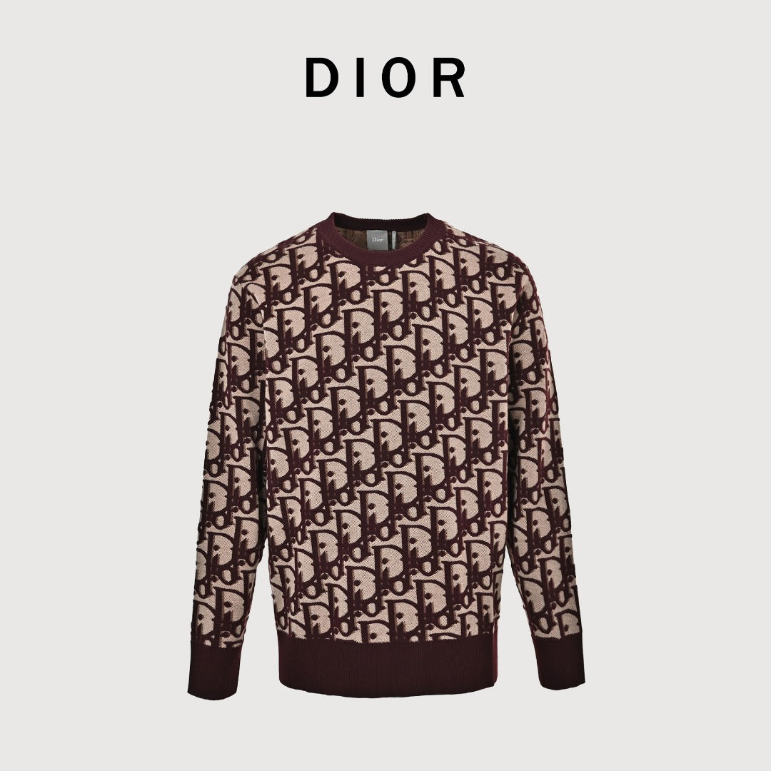 Dior CD Two-Tone All-Over Oblique Jacquard Cotton-Wool Blend Knit Sweater — Burgundy