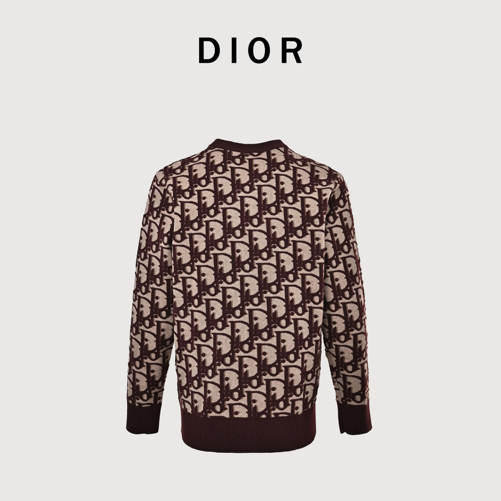 Dior CD Two-Tone All-Over Oblique Jacquard Cotton-Wool Blend Knit Sweater — Burgundy