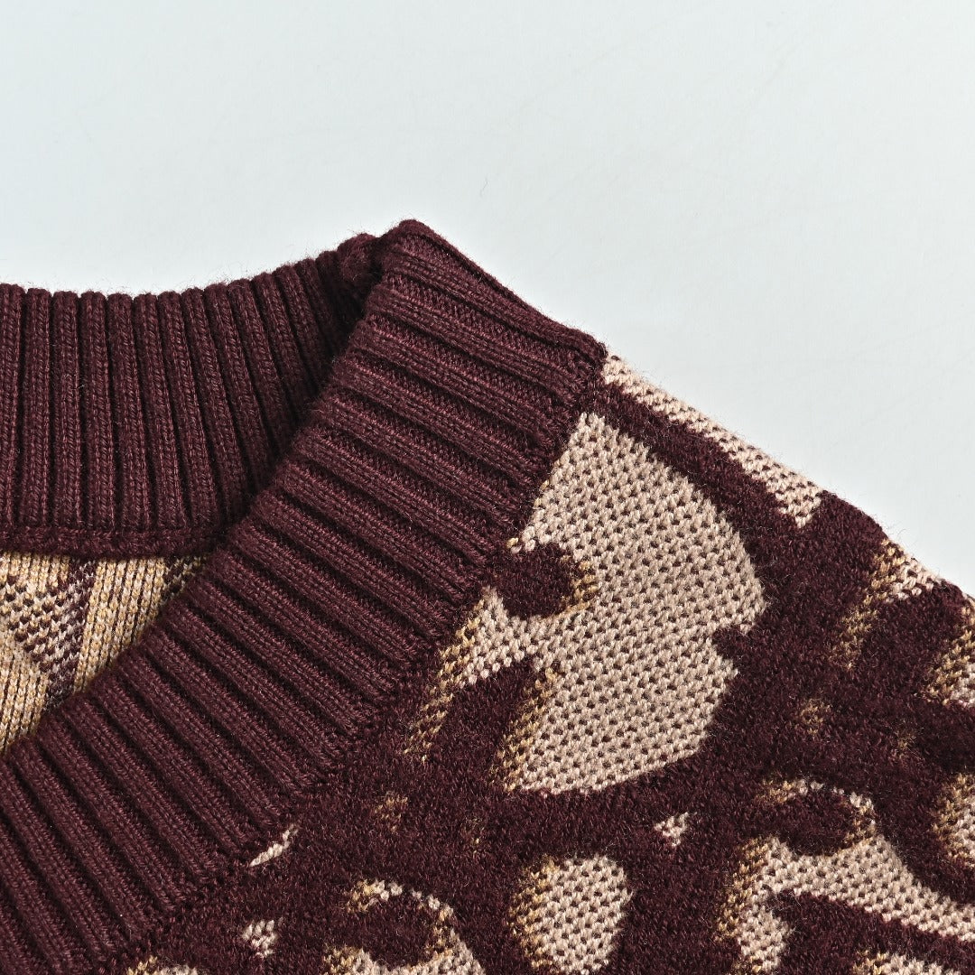 Dior CD Two-Tone All-Over Oblique Jacquard Cotton-Wool Blend Knit Sweater — Burgundy
