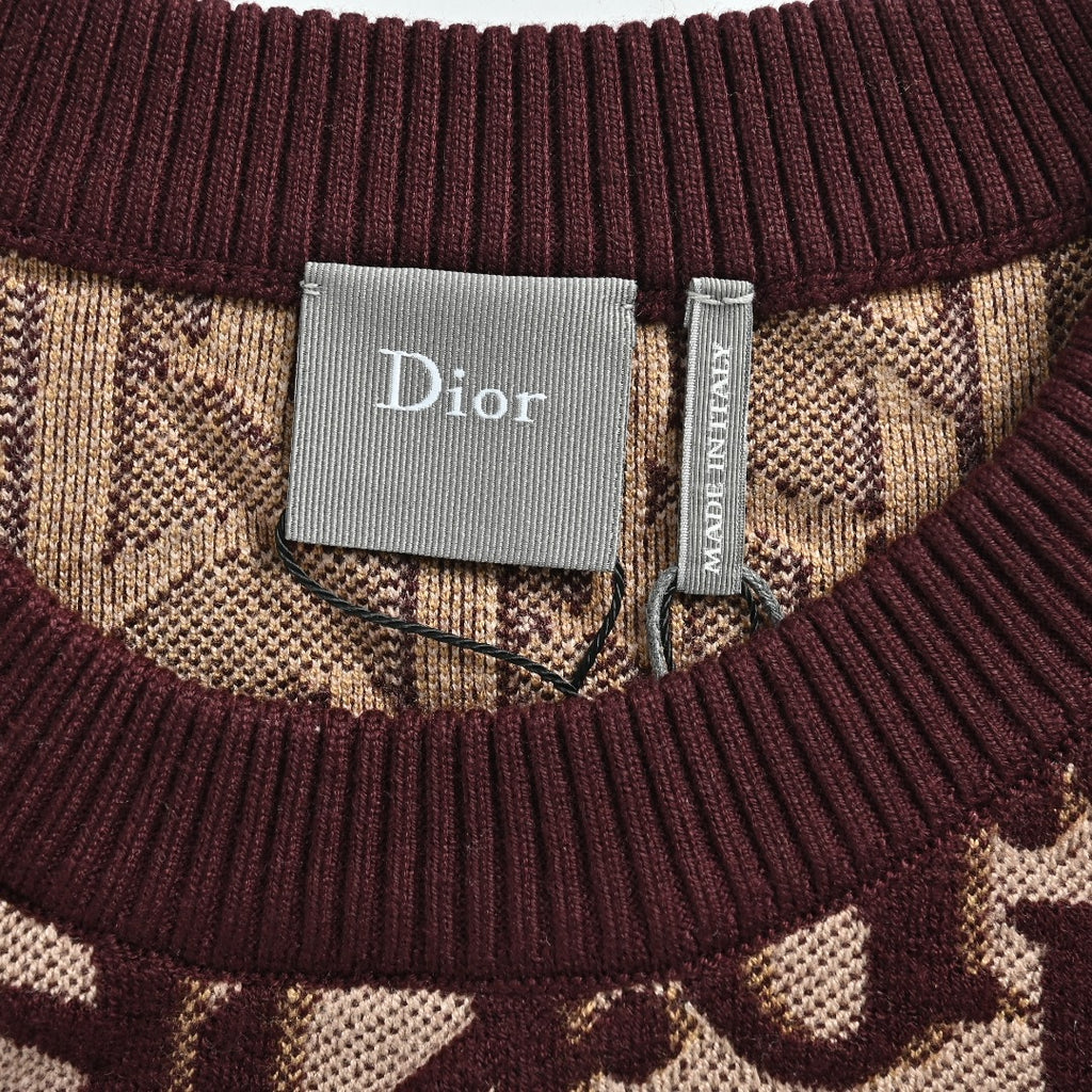Dior CD Two-Tone All-Over Oblique Jacquard Cotton-Wool Blend Knit Sweater — Burgundy