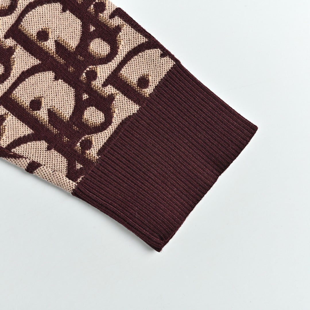 Dior CD Two-Tone All-Over Oblique Jacquard Cotton-Wool Blend Knit Sweater — Burgundy