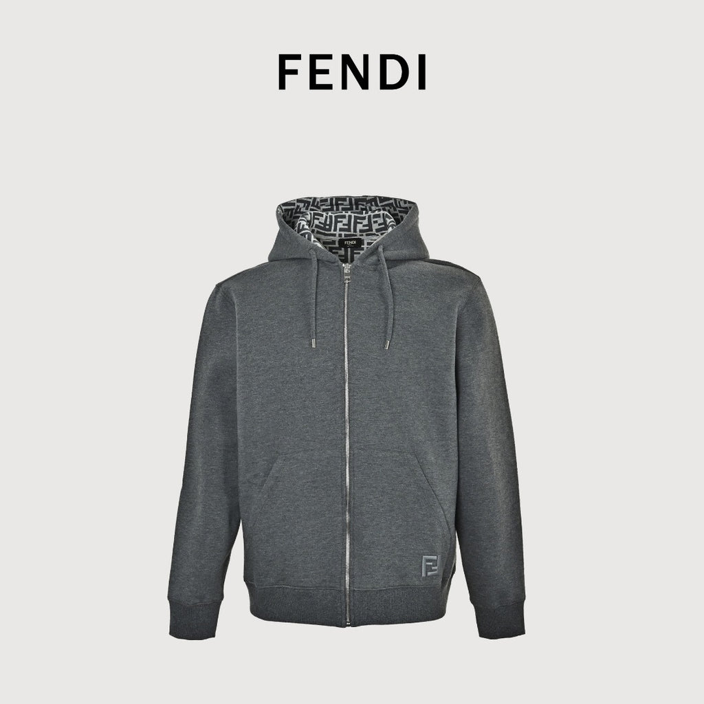 Fendi FD FF Monogram-Lined Zip Hoodie — Charcoal Grey