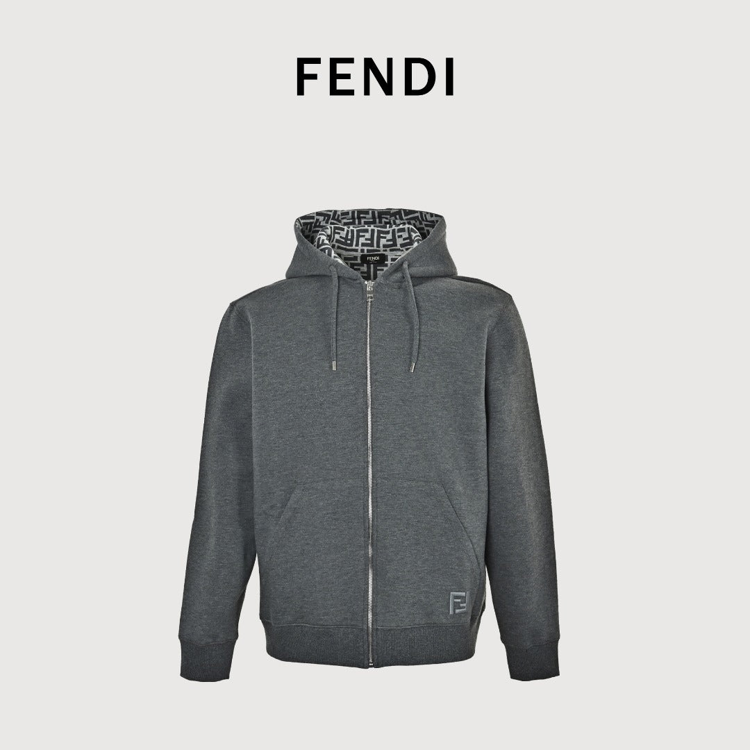 Fendi FD FF Monogram-Lined Zip Hoodie — Charcoal Grey