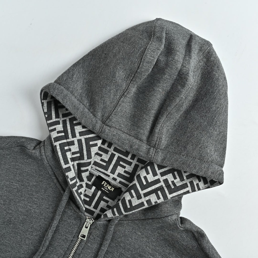 Fendi FD FF Monogram-Lined Zip Hoodie — Charcoal Grey