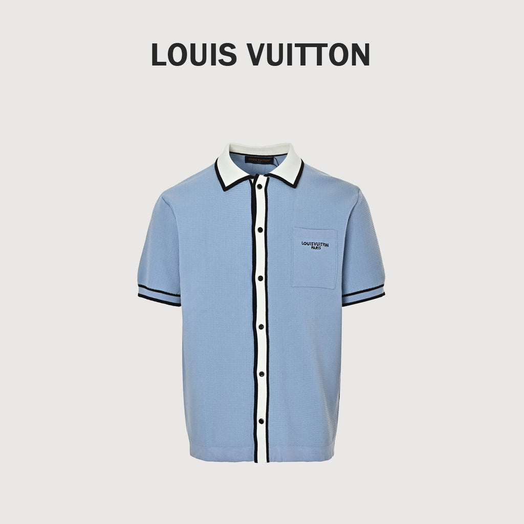 Louis Vuitton Pocket Badge Embroidered Knit Short-Sleeve Shirt — Light Blue