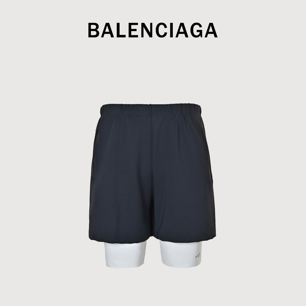 Balenciaga BLCG Reflective Series 6B Faux Two-Piece Spliced Sport Shorts — Black