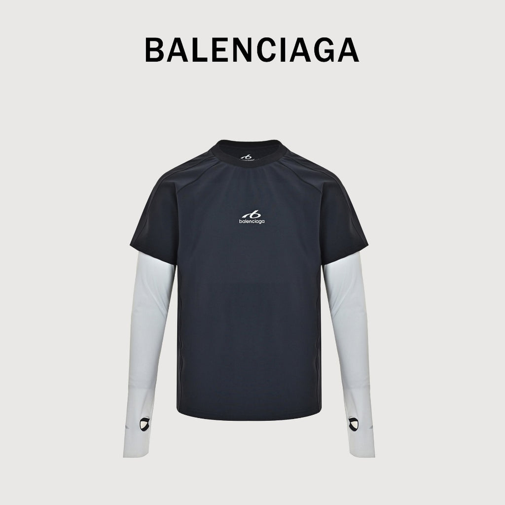 Balenciaga BLCG Reflective Series 6B Faux Two-Piece Spliced Sport Long-Sleeve T-Shirt — Black/Silver