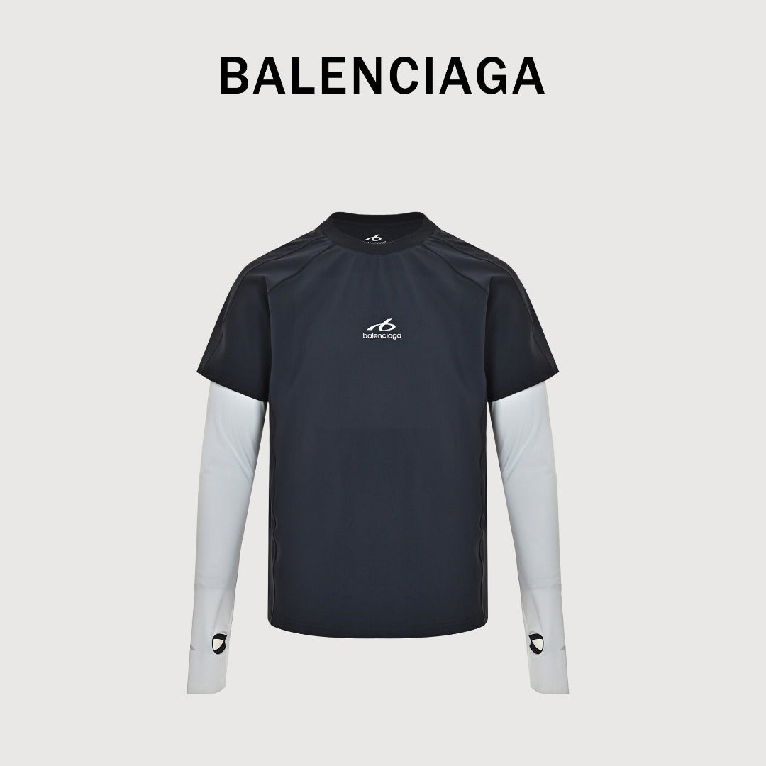 Balenciaga BLCG Reflective Series 6B Faux Two-Piece Spliced Sport Long-Sleeve T-Shirt — Black/Silver