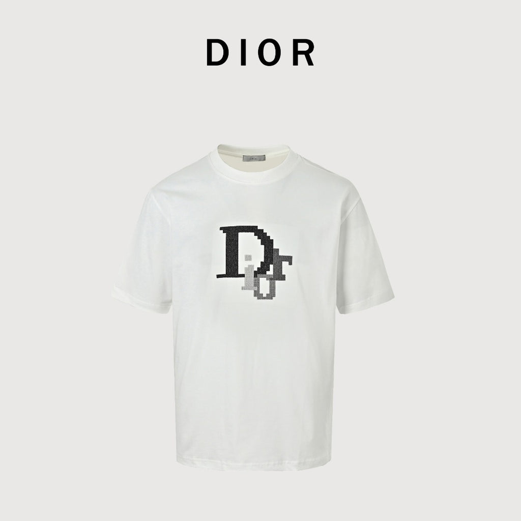 Dior CD Logo Mosaic Cross-Stitch Embroidered Short-Sleeve T-Shirt White