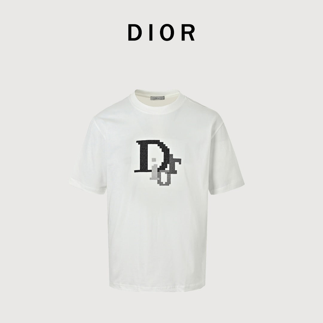 Dior CD Logo Mosaic Cross-Stitch Embroidered Short-Sleeve T-Shirt White