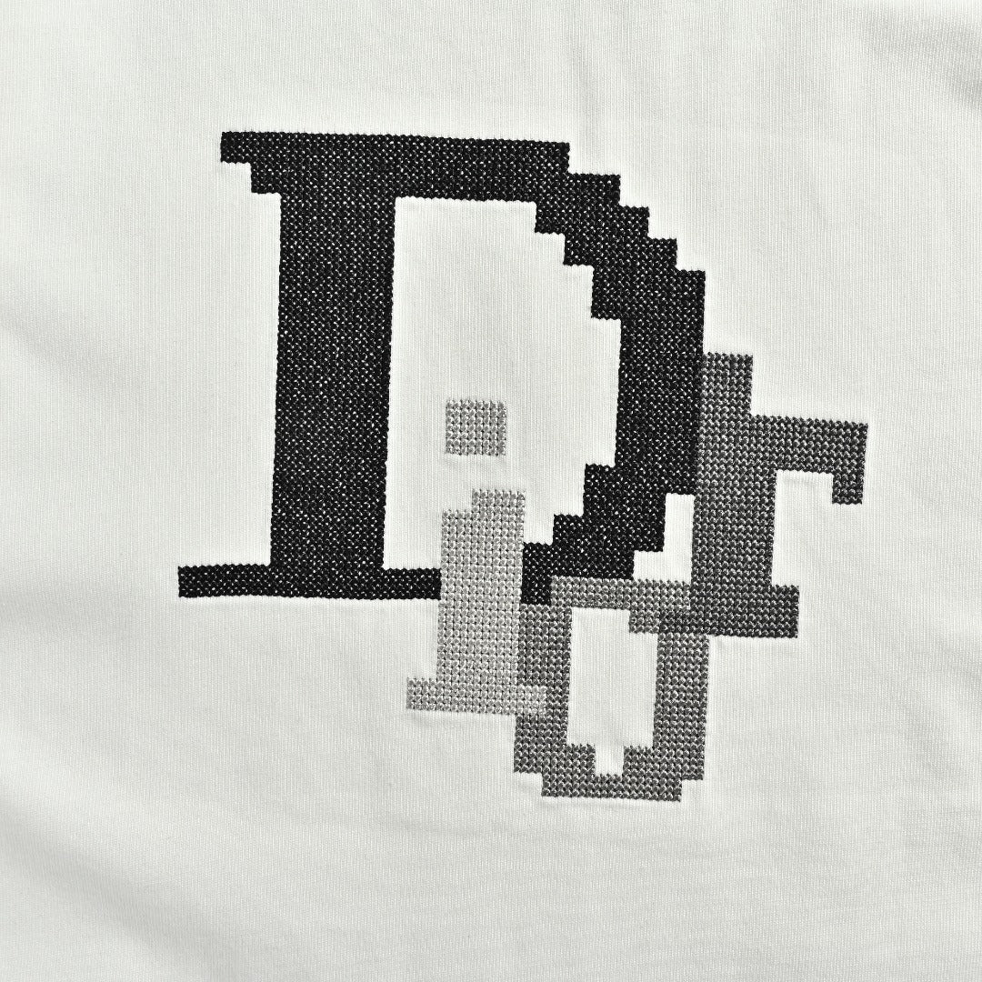 Dior CD Logo Mosaic Cross-Stitch Embroidered Short-Sleeve T-Shirt White