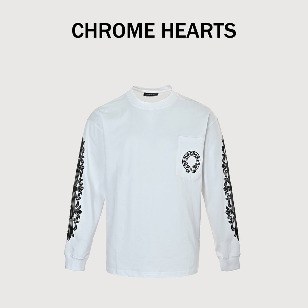 Chrome Hearts CH Cross Floral Sanskrit Scroll Print Long-Sleeve T-Shirt White