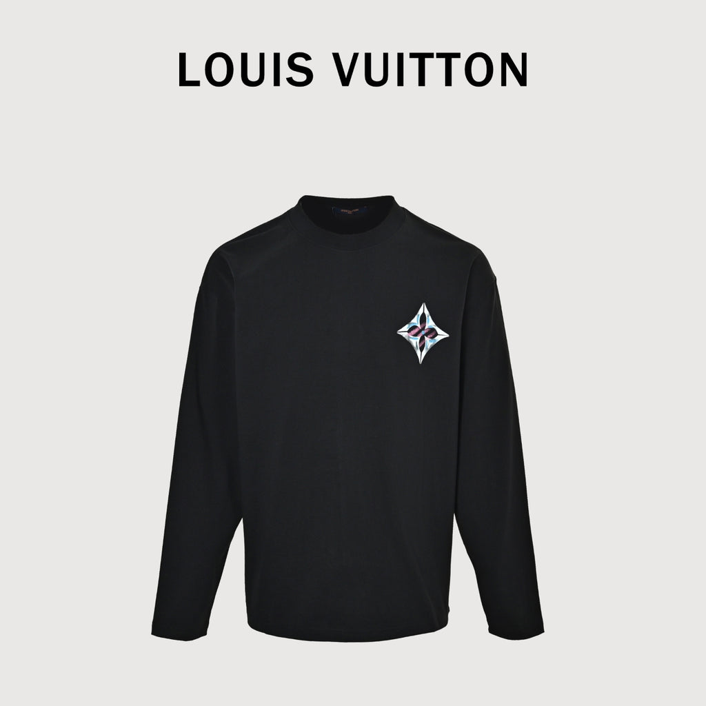 Louis Vuitton Four-Leaf Clover Logo Graffiti Hand-Painted Long-Sleeve T-Shirt Black