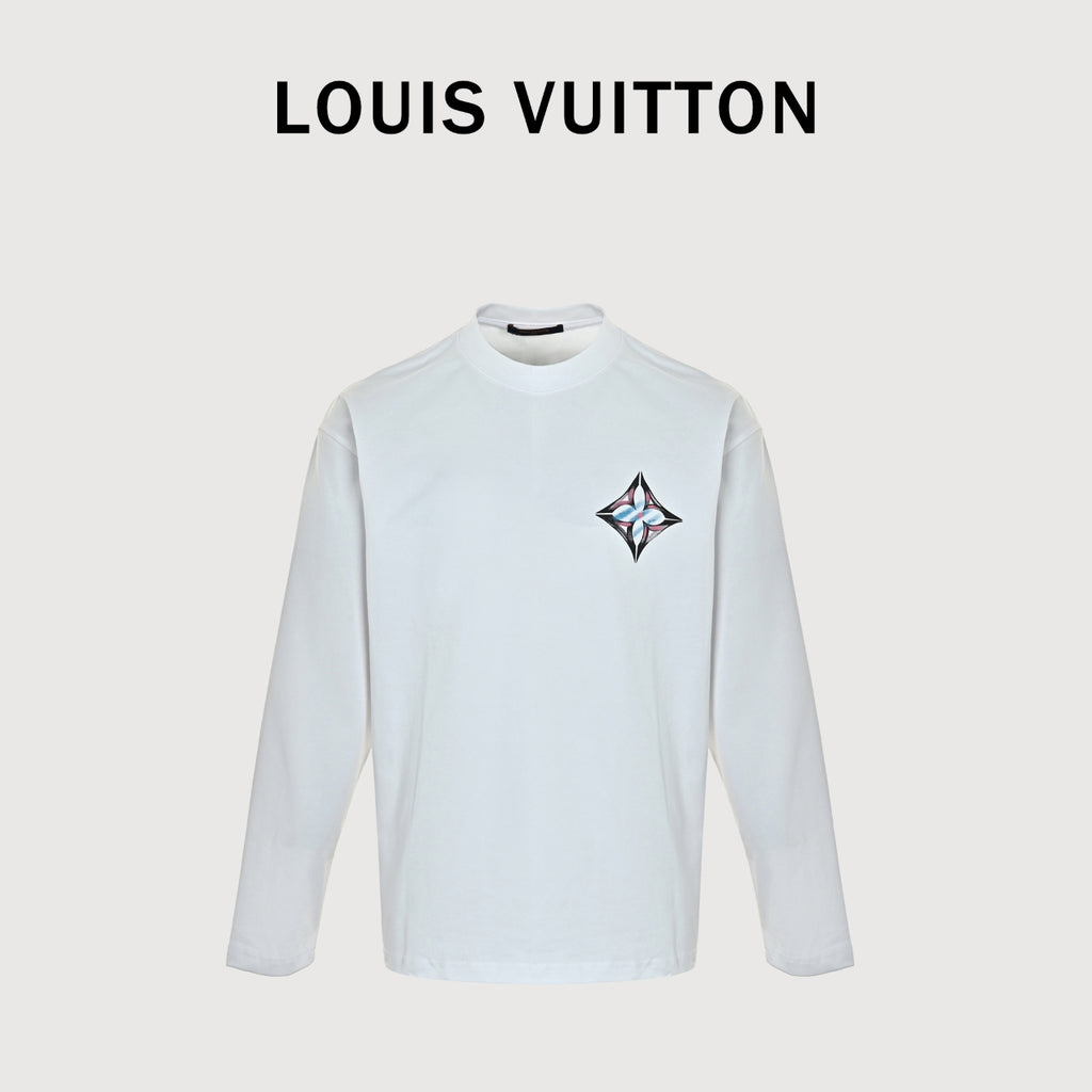 Louis Vuitton Four-Leaf Clover Logo Graffiti Hand-Painted Long-Sleeve T-Shirt White