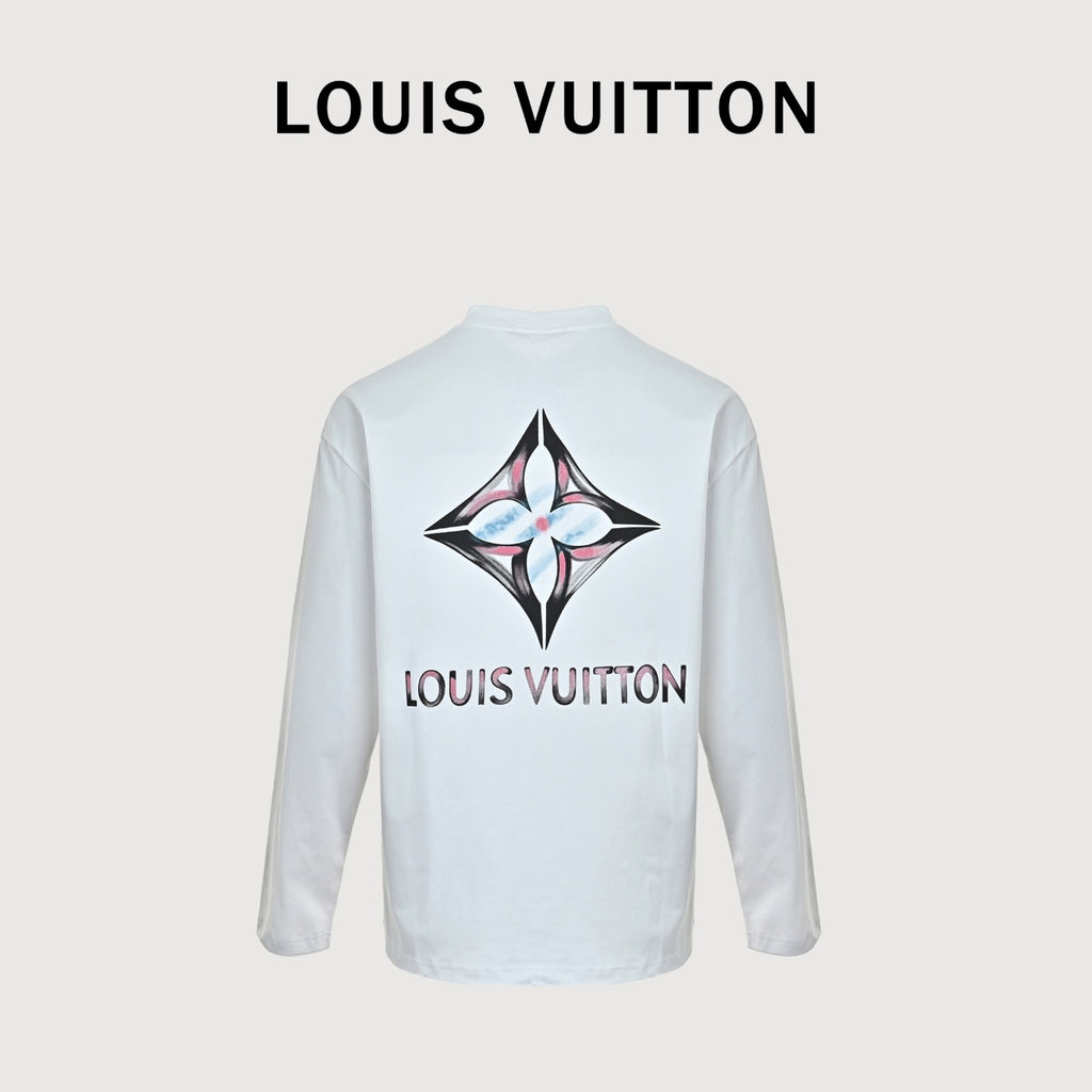 Louis Vuitton Four-Leaf Clover Logo Graffiti Hand-Painted Long-Sleeve T-Shirt White
