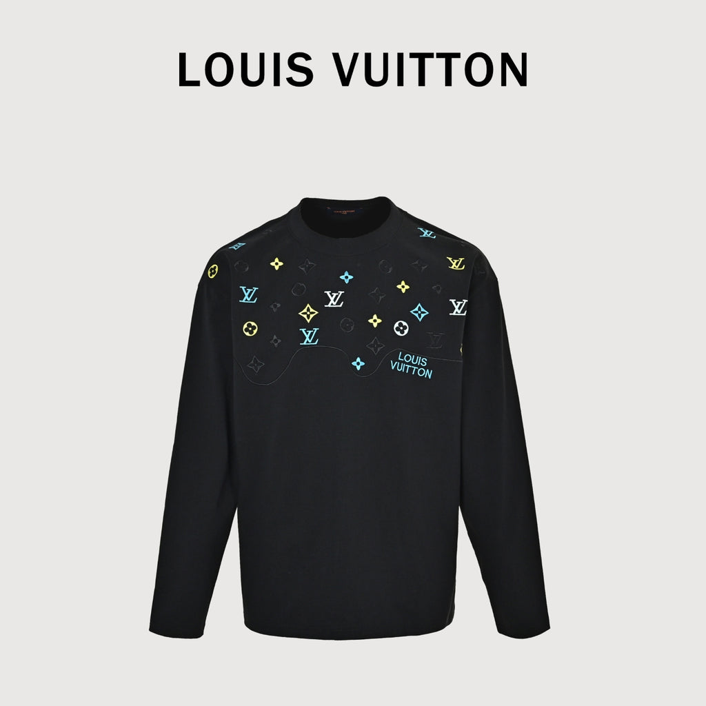Louis Vuitton 26SS Wave-Pattern Colorblock Monogram Embroidered Letter Logo Long-Sleeve T-Shirt Black