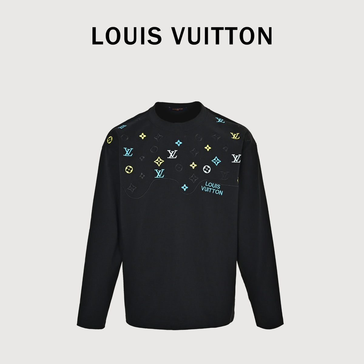 Louis Vuitton 26SS Wave-Pattern Colorblock Monogram Embroidered Letter Logo Long-Sleeve T-Shirt Black