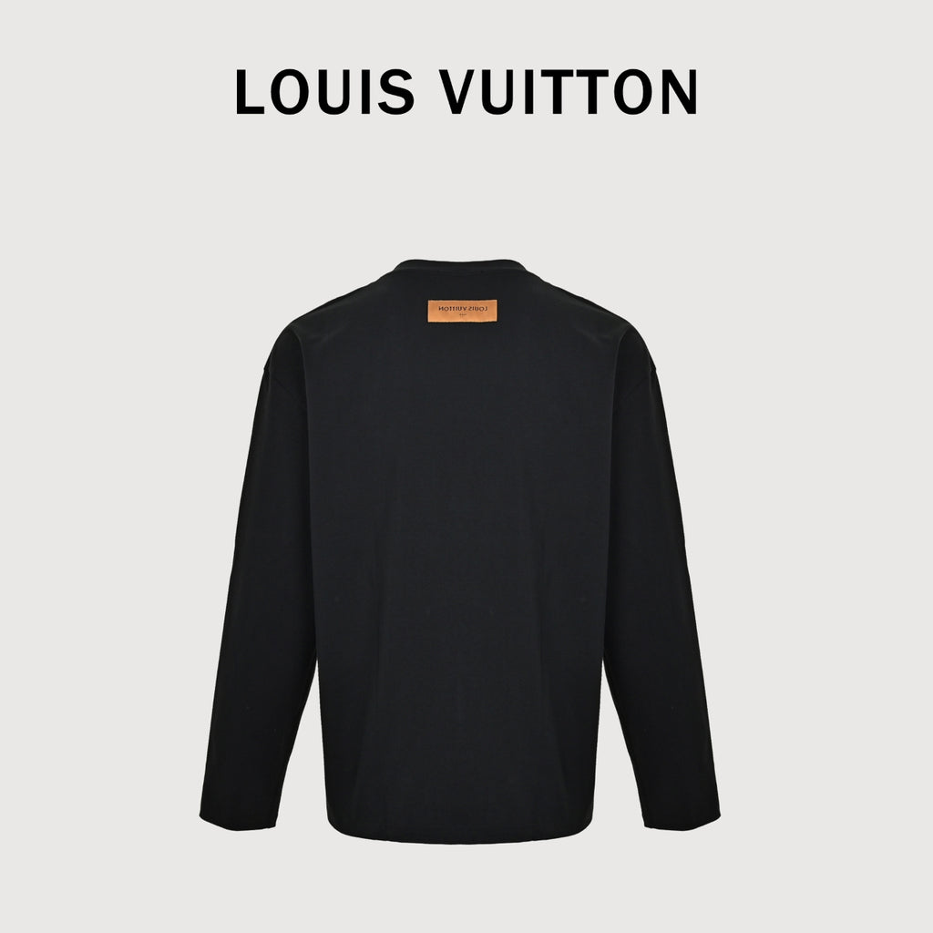 Louis Vuitton 26SS Wave-Pattern Colorblock Monogram Embroidered Letter Logo Long-Sleeve T-Shirt Black