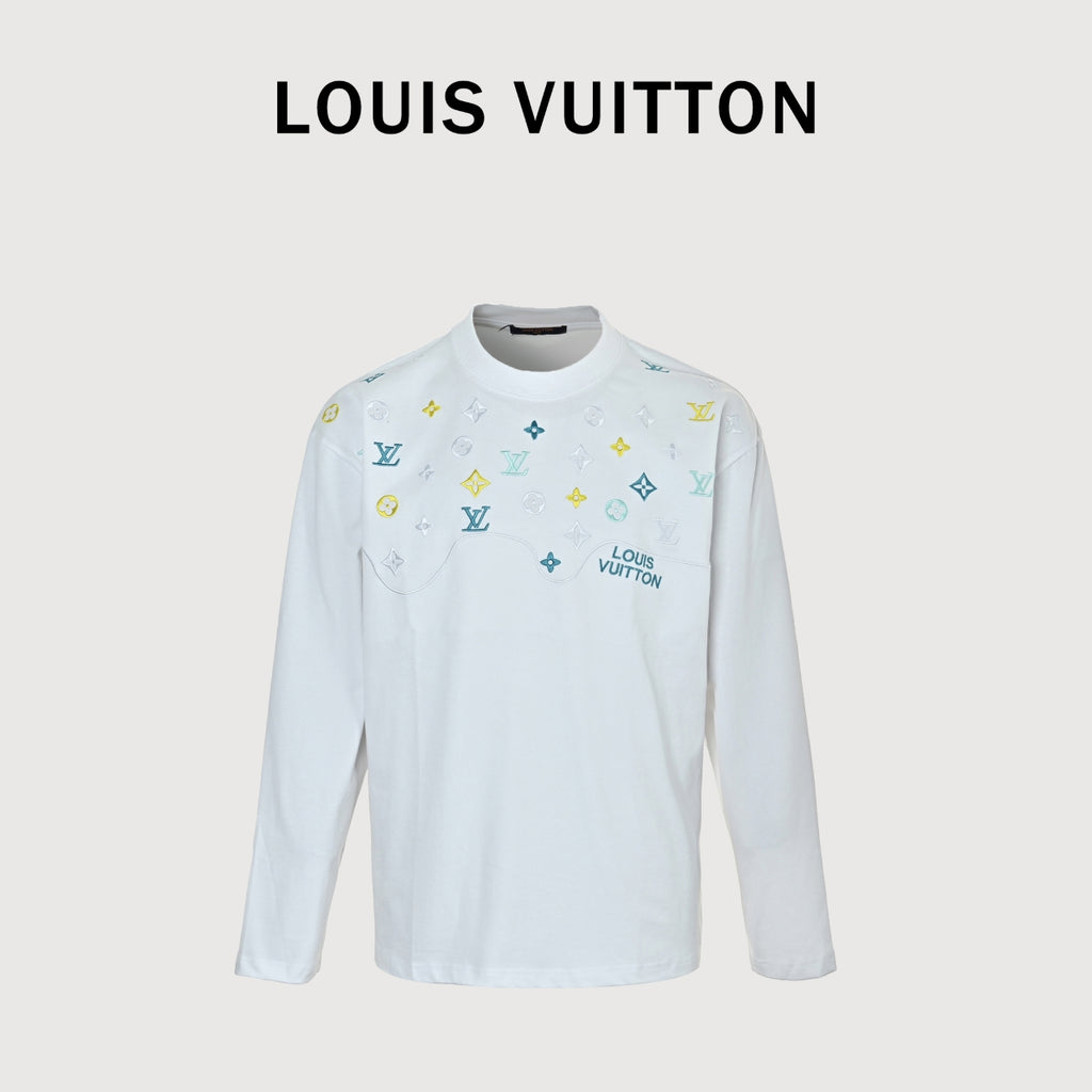 Louis Vuitton 26SS Wave-Pattern Colorblock Monogram Embroidered Letter Logo Long-Sleeve T-Shirt White