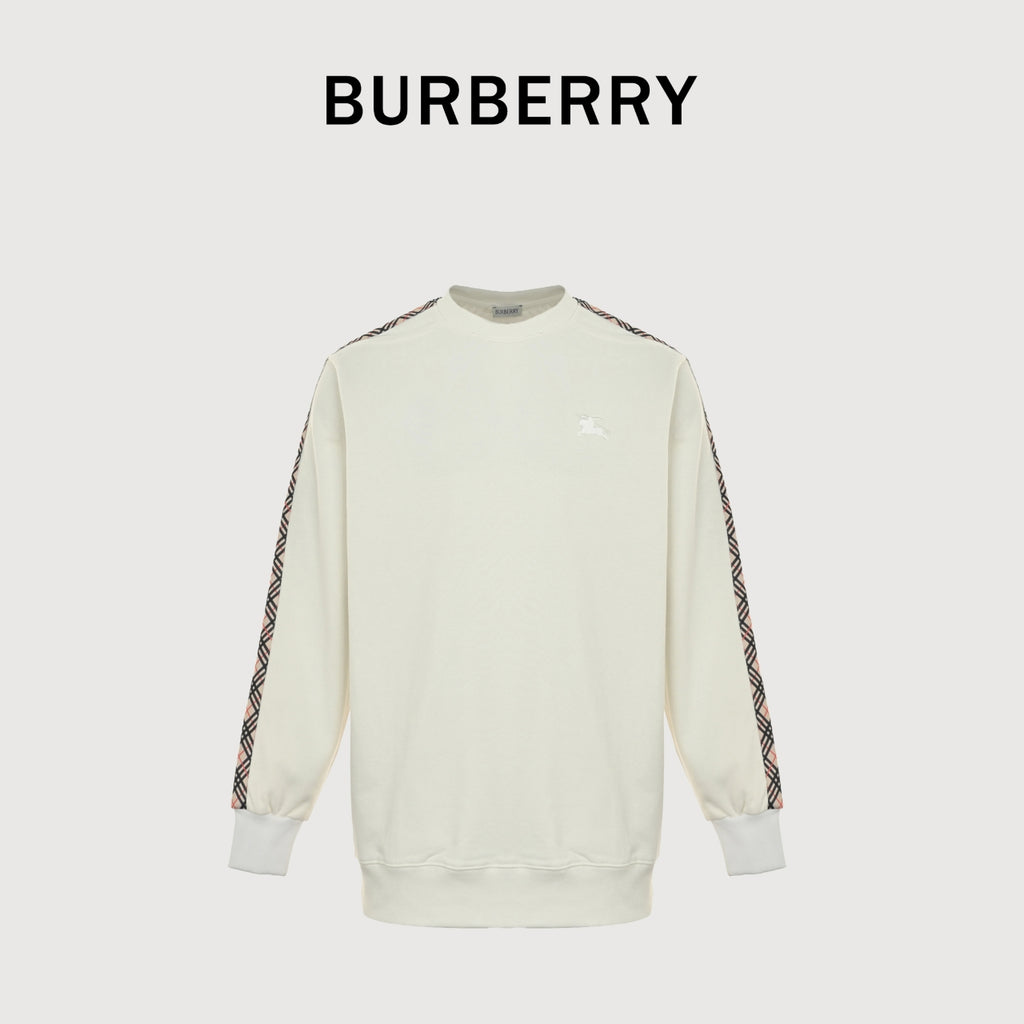Burberry BBR Side Diamond-Check Woven Tape Crew-Neck Sweatshirt Cream