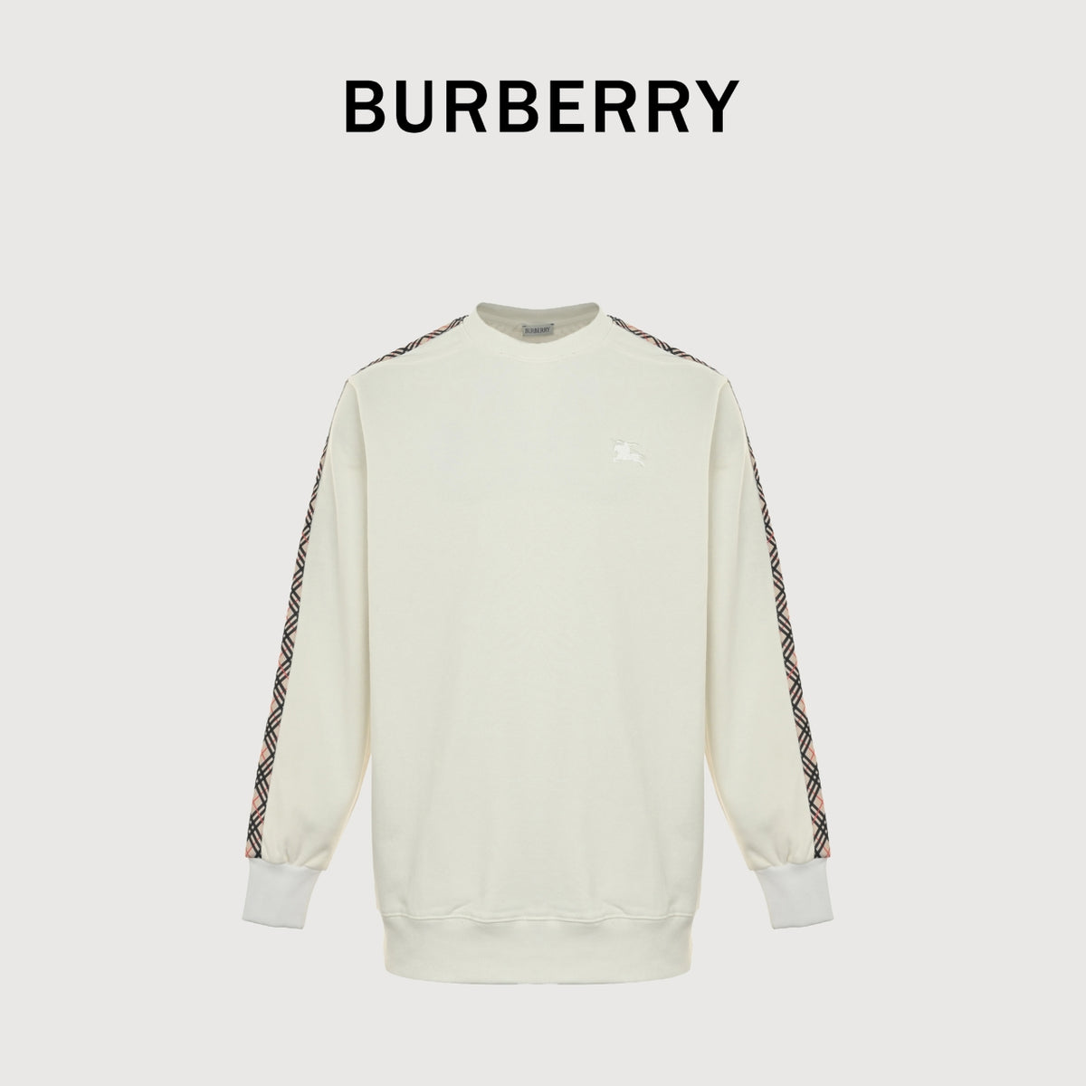 Burberry BBR Side Diamond-Check Woven Tape Crew-Neck Sweatshirt Cream