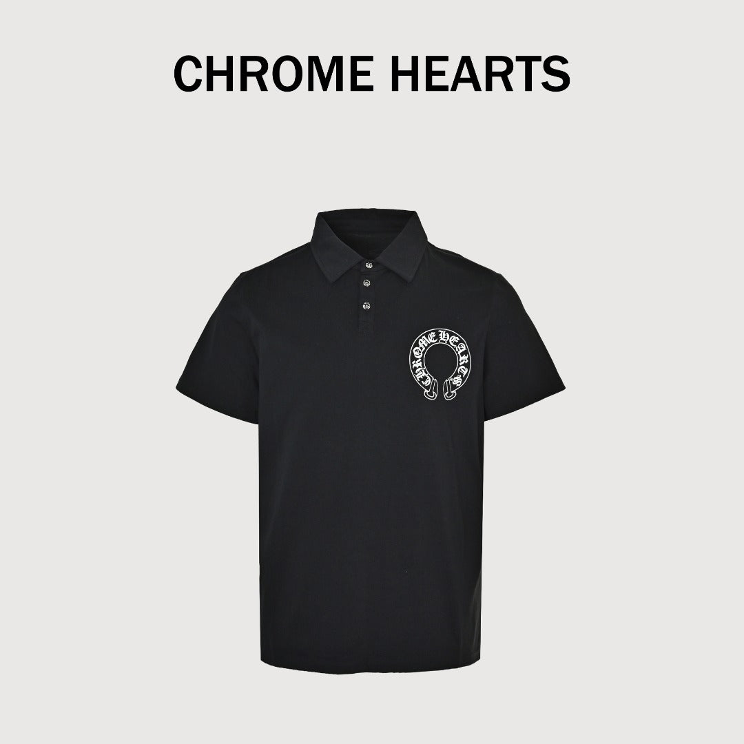 Chrome Hearts CH Sanskrit Horseshoe Print Short-Sleeve Polo Shirt Black