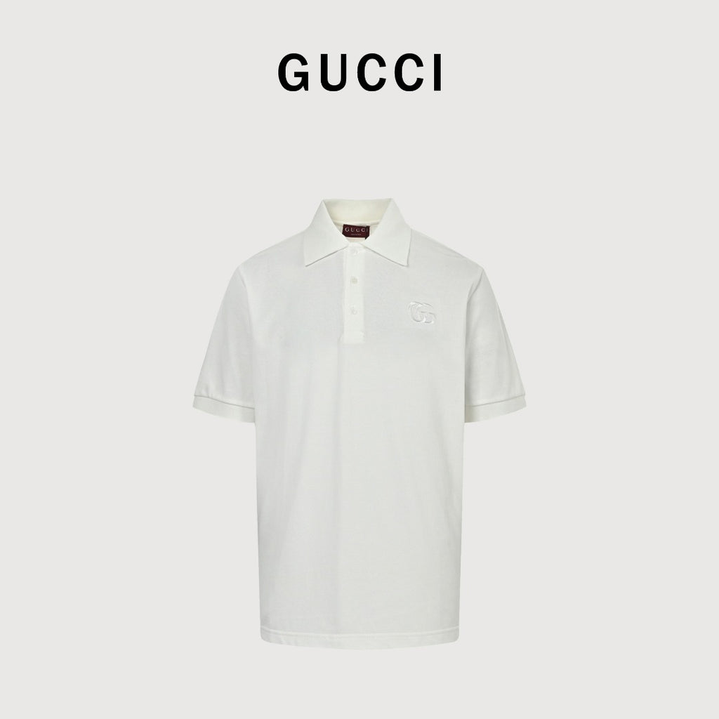 Gucci GG Embroidered Two-Tone Short-Sleeve Polo Shirt White