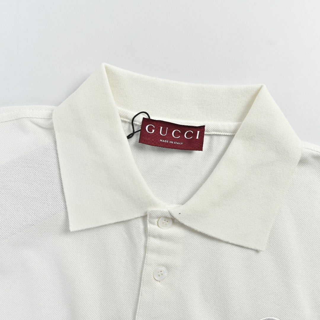 Gucci GG Embroidered Two-Tone Short-Sleeve Polo Shirt White