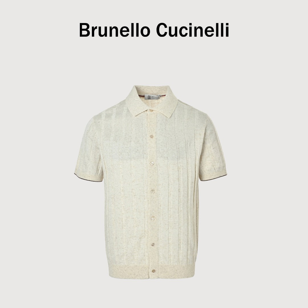 Brunello Cucinelli BC Two-Tone Vertical Stripe Knit Ribbed Short-Sleeve Cardigan Ivory