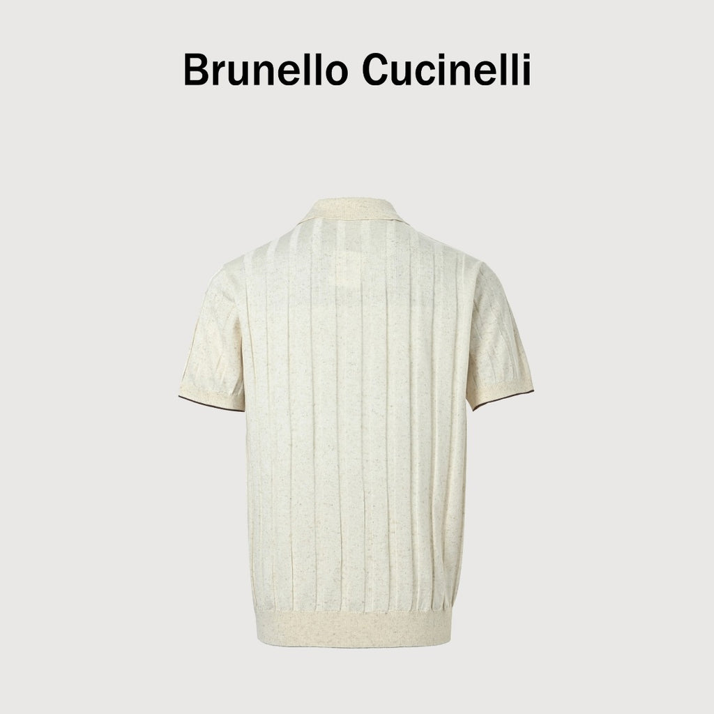 Brunello Cucinelli BC Two-Tone Vertical Stripe Knit Ribbed Short-Sleeve Cardigan Ivory