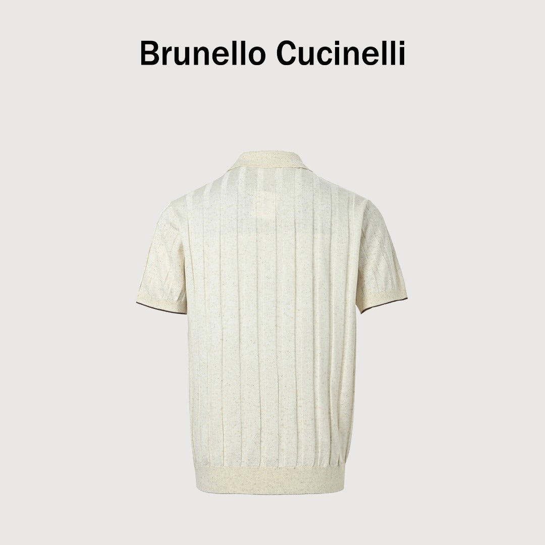 Brunello Cucinelli BC Two-Tone Vertical Stripe Knit Ribbed Short-Sleeve Cardigan Ivory