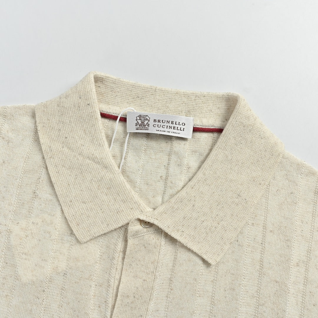 Brunello Cucinelli BC Two-Tone Vertical Stripe Knit Ribbed Short-Sleeve Cardigan Ivory