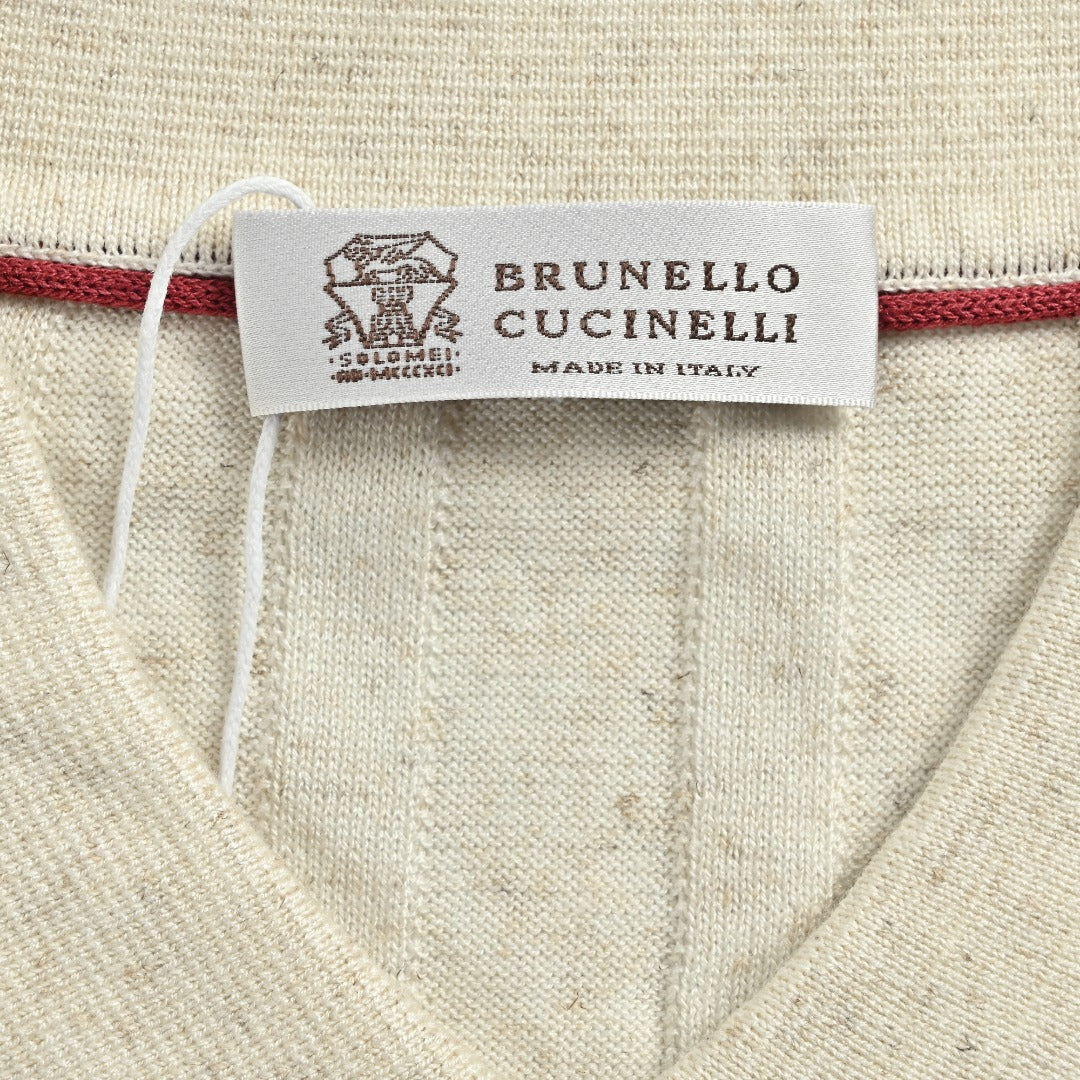 Brunello Cucinelli BC Two-Tone Vertical Stripe Knit Ribbed Short-Sleeve Cardigan Ivory