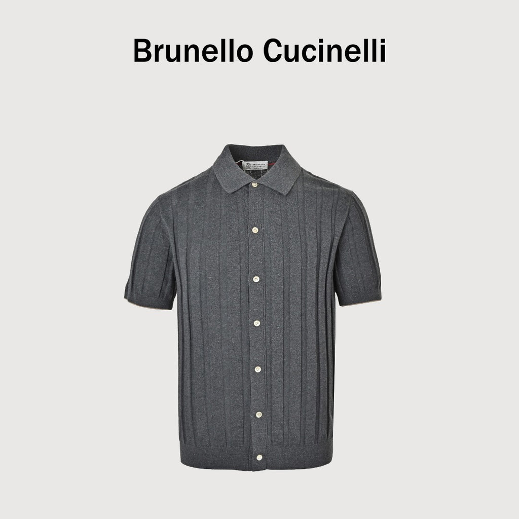 Brunello Cucinelli BC Two-Tone Vertical Stripe Knit Ribbed Short-Sleeve Cardigan Slate