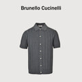 Brunello Cucinelli BC Two-Tone Vertical Stripe Knit Ribbed Short-Sleeve Cardigan Slate