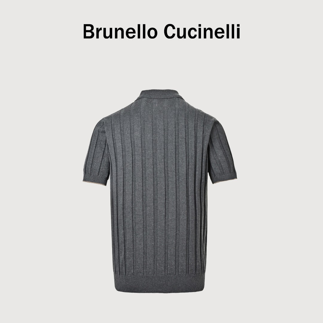 Brunello Cucinelli BC Two-Tone Vertical Stripe Knit Ribbed Short-Sleeve Cardigan Slate